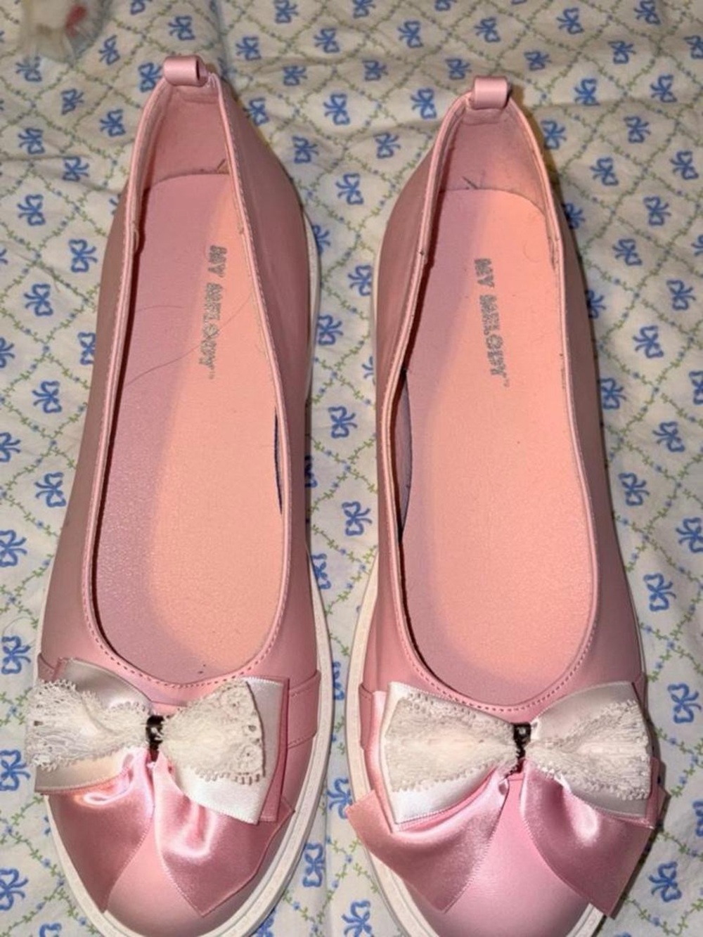 Women's Pink Satin Ballet Flats with Lace Bow